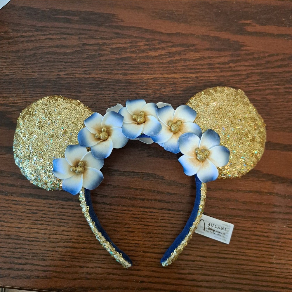 Disney Aulani Minnie Mouse Ears Gold Sequin Plumeria Flower Headband Hawaii